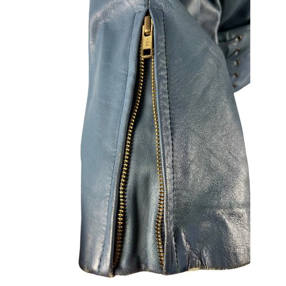 Vintage 1980’s Women’s Cropped Teal Leather Jacket with Epaulettes‎ Size 44 (XL) - Picture 8 of 14